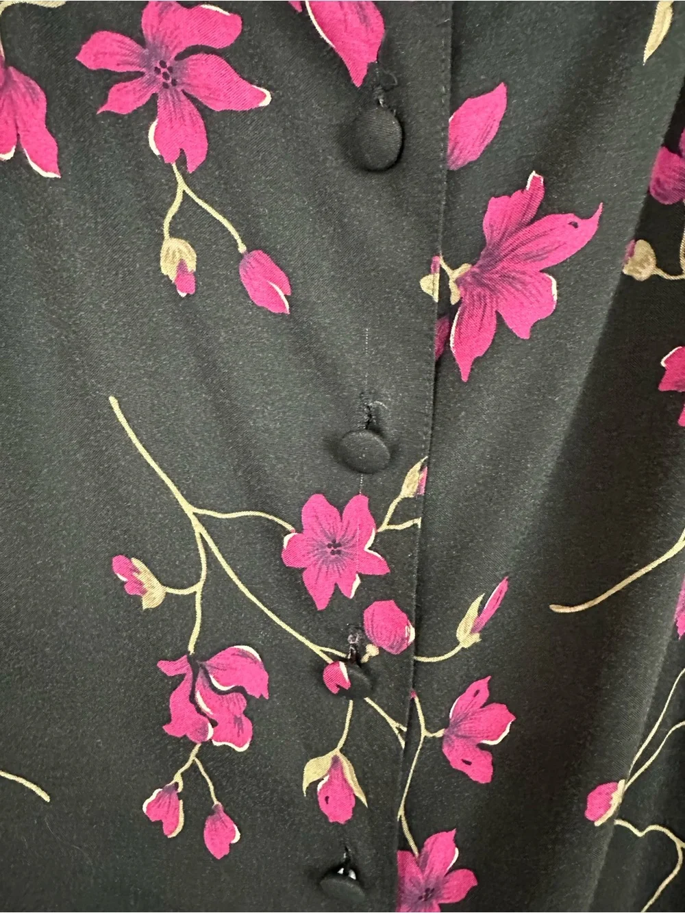 Vintage 90s Black Dark Floral Rayon Button Front Midi Skirt Petite M Whimsigoth
